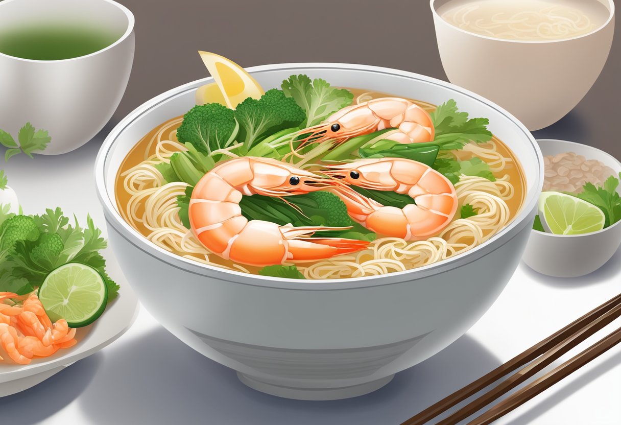 A steaming bowl of prawn noodle soup sits on a table, garnished with fresh prawns, green vegetables, and aromatic broth