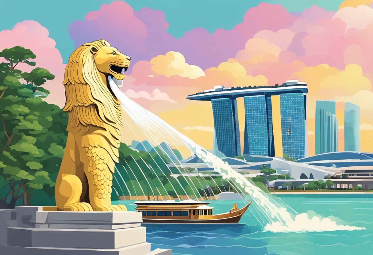 The iconic Merlion statue spouting water against the backdrop of the Marina Bay Sands and the historic colonial buildings of the Civic District