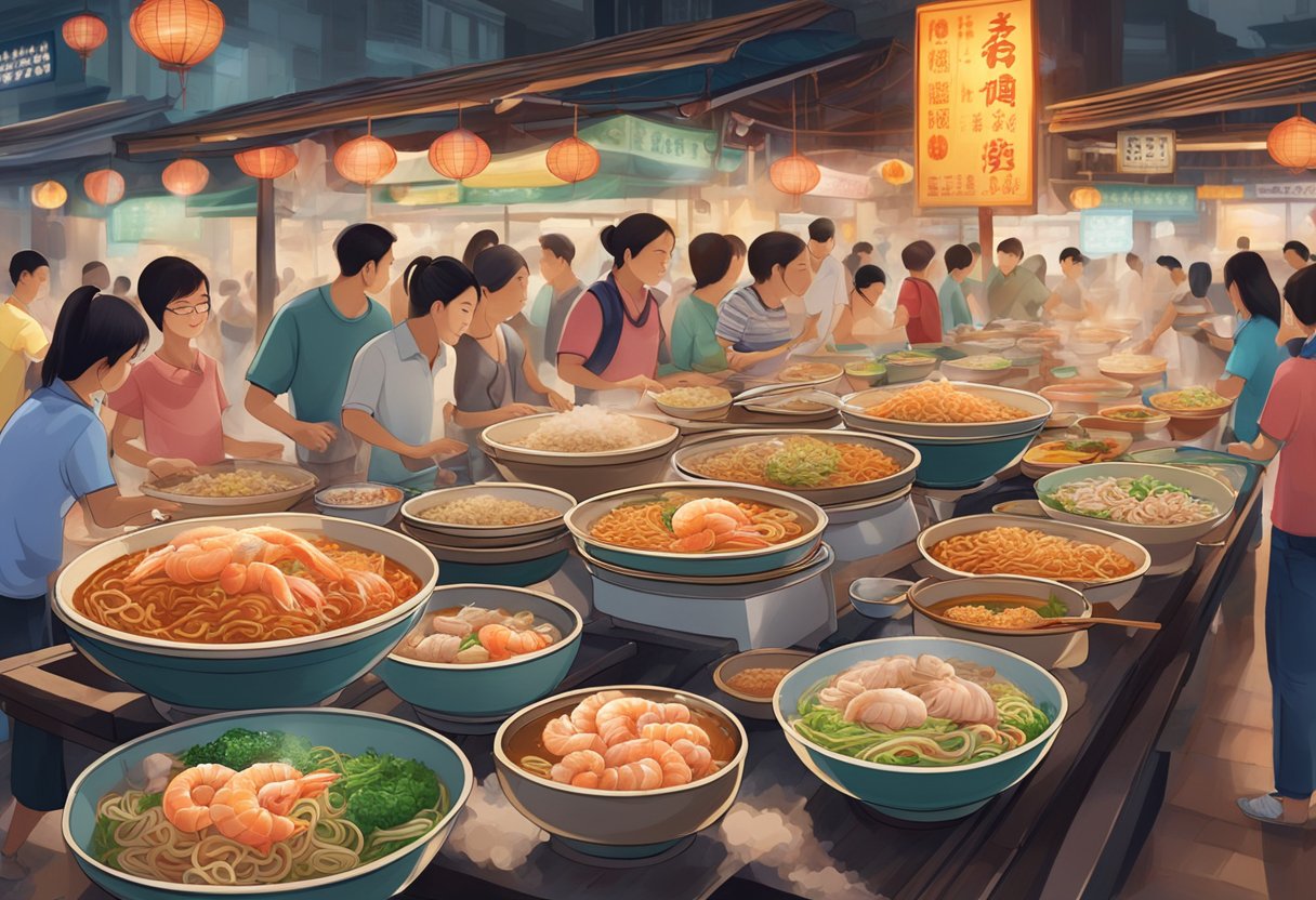 A table filled with bowls of steaming prawn noodles, each with different toppings and flavors, surrounded by bustling hawker stalls