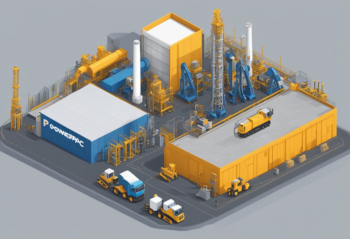 The PowerPac Singapore logo stands boldly against a backdrop of industrial machinery and technology, symbolizing strength and innovation