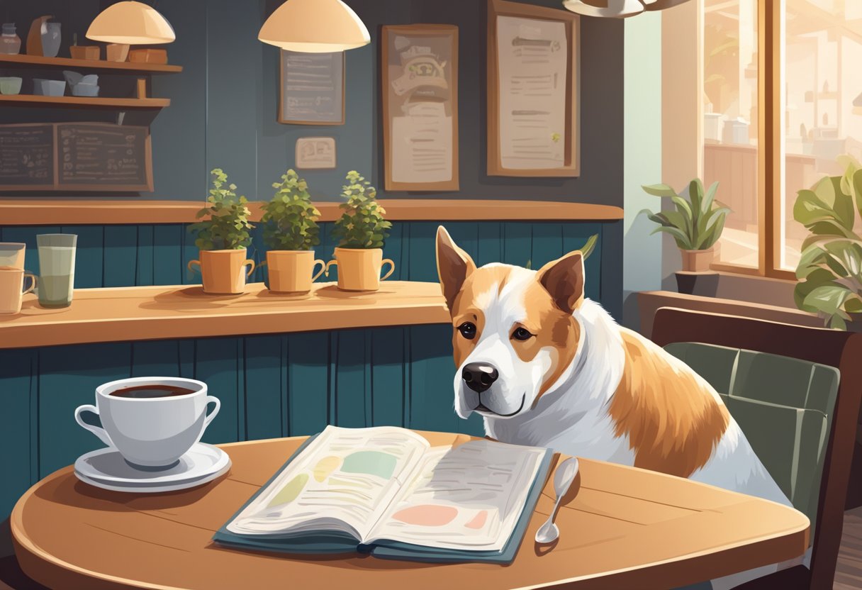 A dog sits at a table in a cozy cafe, with a water bowl and a menu for pets. The atmosphere is relaxed, with other pets and their owners enjoying the pet-friendly environment
