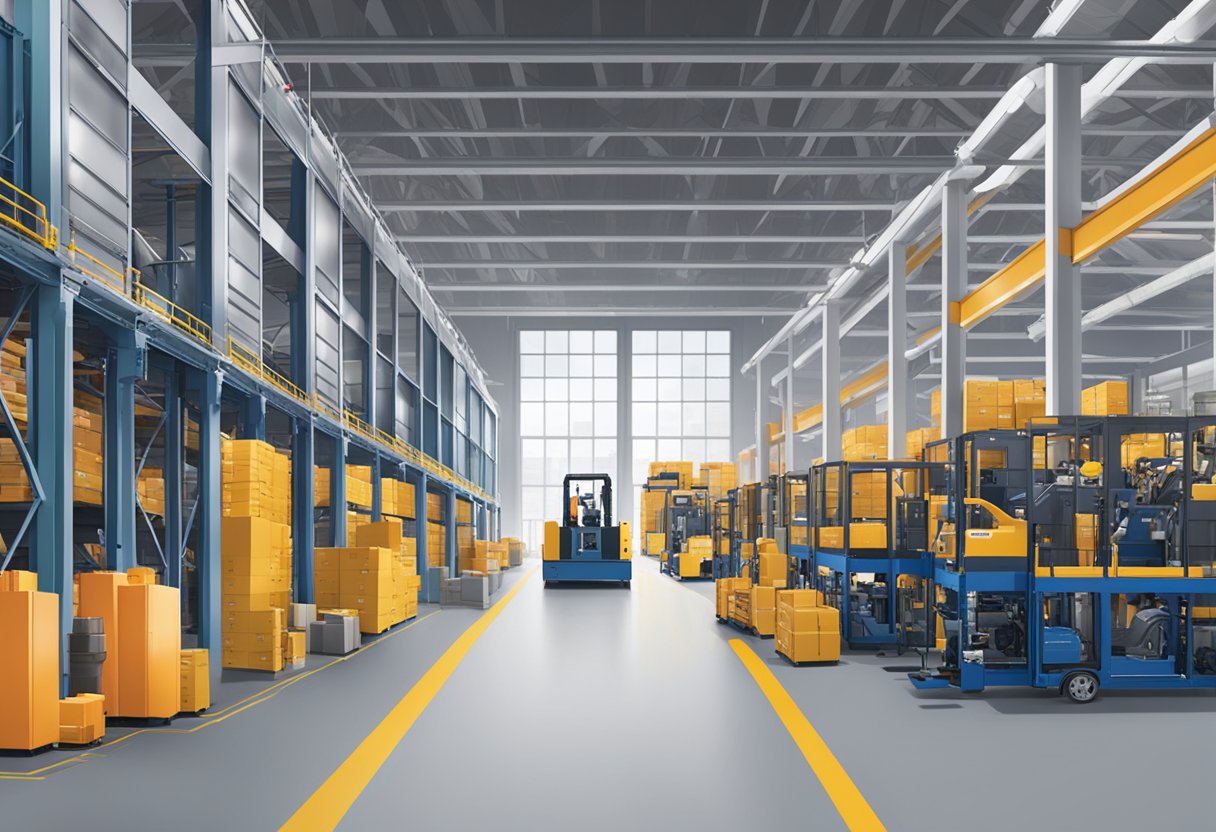 A bustling industrial warehouse with PowerPac Singapore branding, filled with machinery and workers in motion