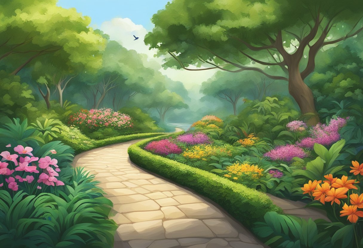 Lush greenery, colorful flowers, and winding pathways in Singapore's nature parks. Trees, birds, and wildlife create a peaceful and serene atmosphere