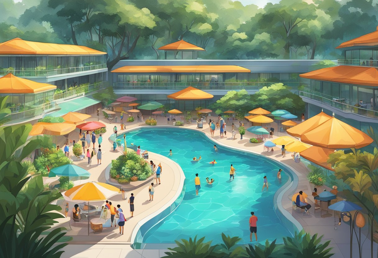 A bustling public pool in Singapore, with crystal clear water and vibrant umbrellas dotting the deck, surrounded by lush greenery