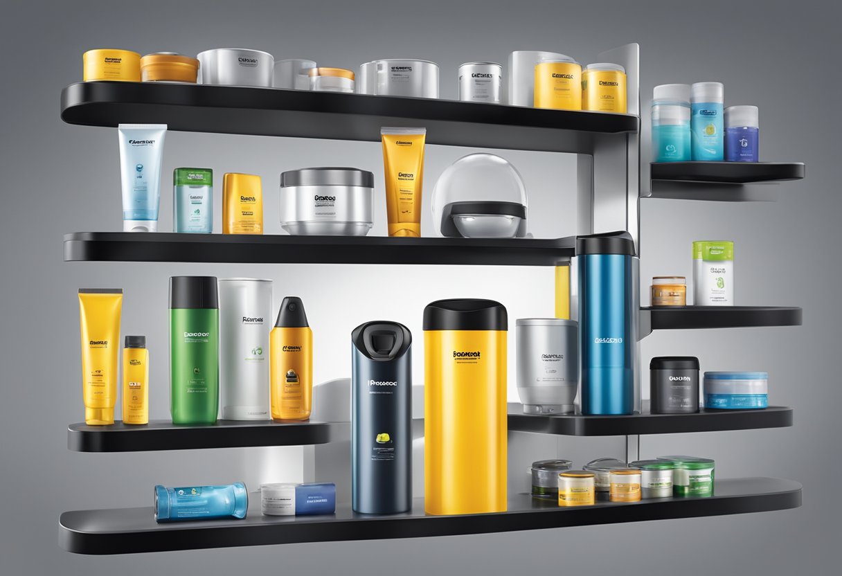 A bright spotlight shines on various PowerPac products arranged neatly on a display shelf, showcasing their sleek design and modern features