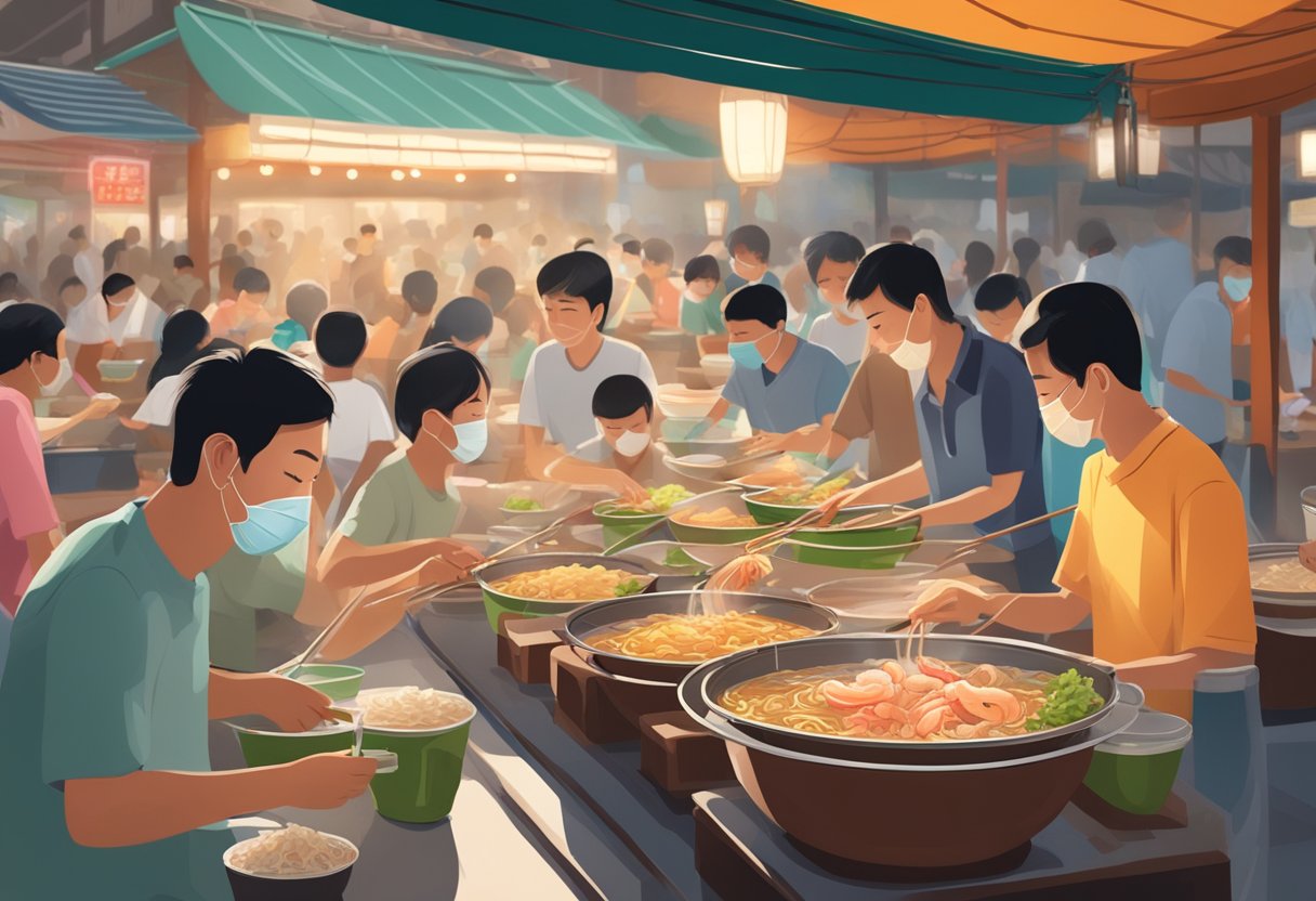 A bustling hawker center with steaming pots of prawn noodle broth, fragrant garlic and chili in the air, and locals slurping noodles at plastic tables