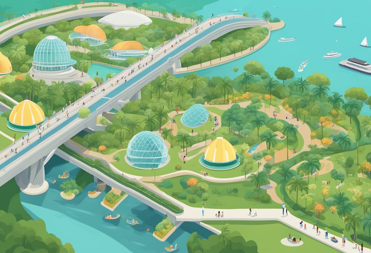 People enjoying free attractions in Singapore: Gardens by the Bay, Marina Barrage, Merlion Park, and Sentosa beaches