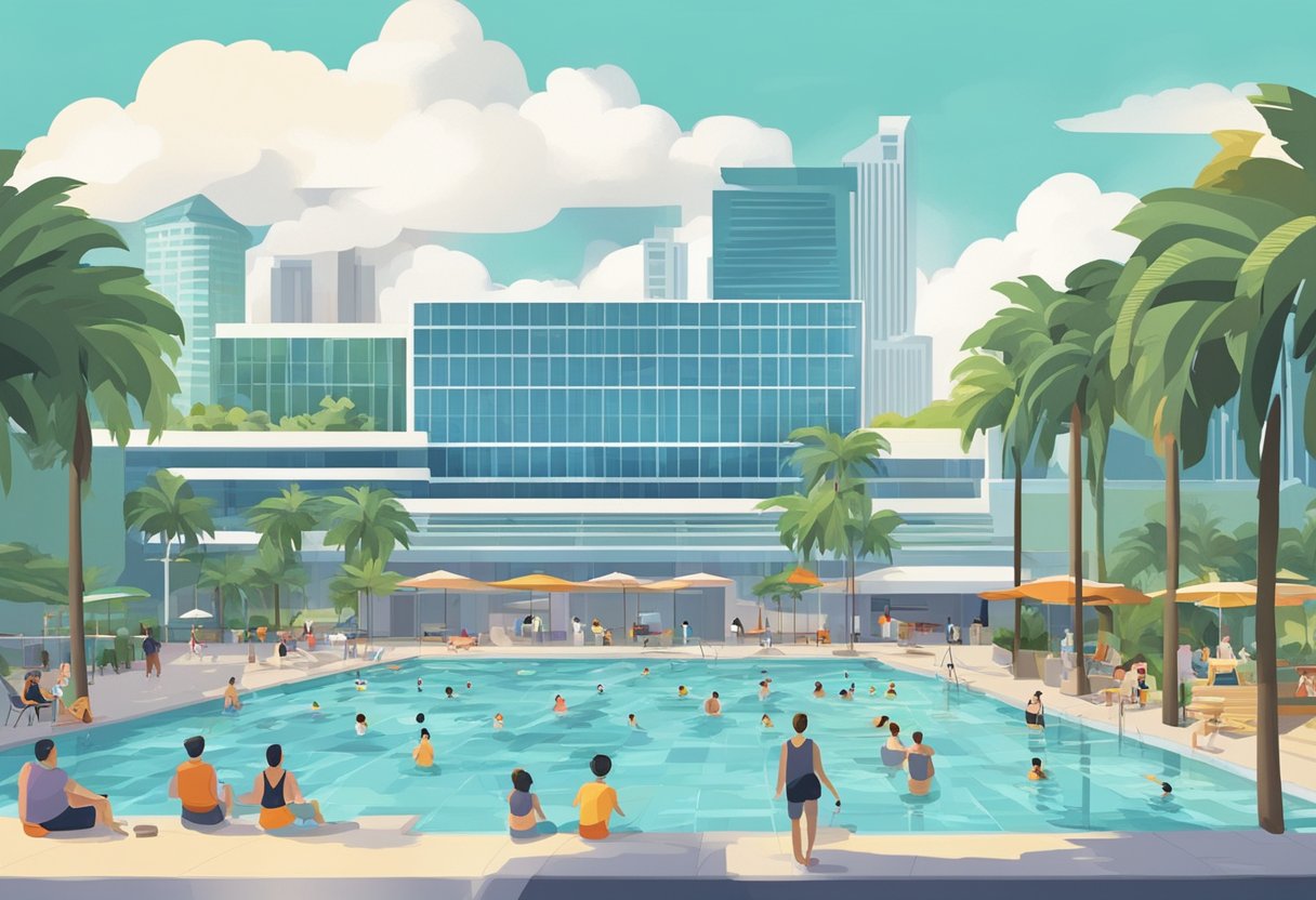 People swimming, sunbathing, and playing at a public pool in Singapore, surrounded by palm trees and modern architecture