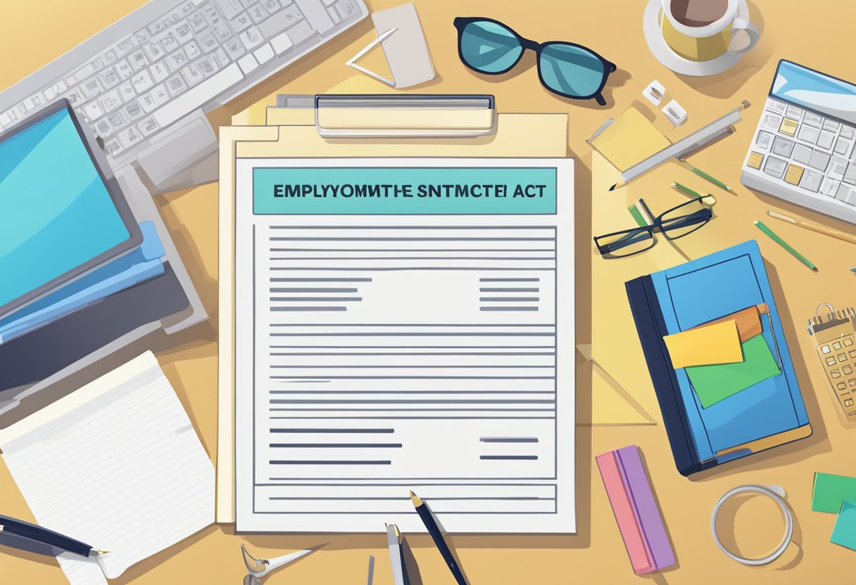 The Employment Act document lays open on a desk, surrounded by office supplies and a computer, symbolizing workplace regulations