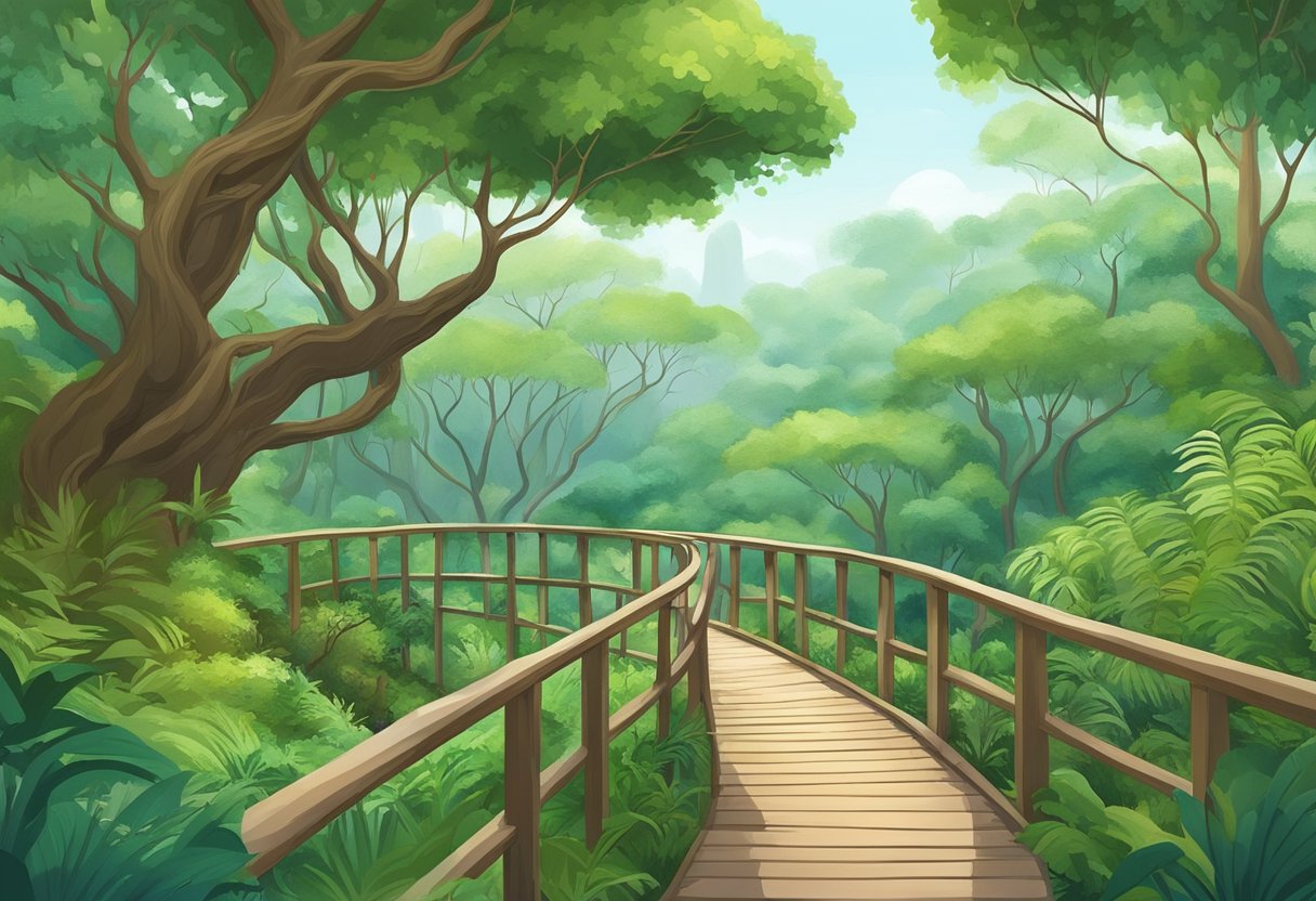 Lush greenery and winding trails in Singapore's nature parks. Canopy of trees, wildlife, and serene landscapes