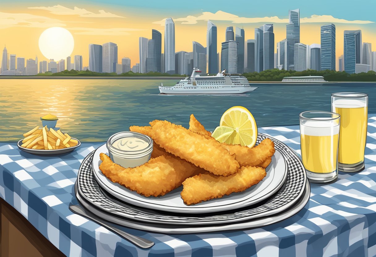A plate of fish and chips sits on a checkered tablecloth with a side of tartar sauce and a slice of lemon, set against a backdrop of the Singapore skyline