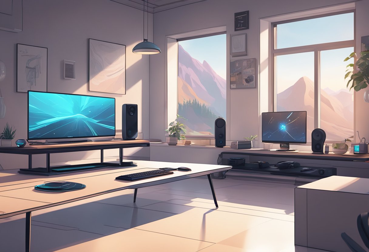 The sleek, modern Steam Deck sits on a table in a brightly lit room, surrounded by gaming peripherals and a futuristic, minimalist aesthetic
