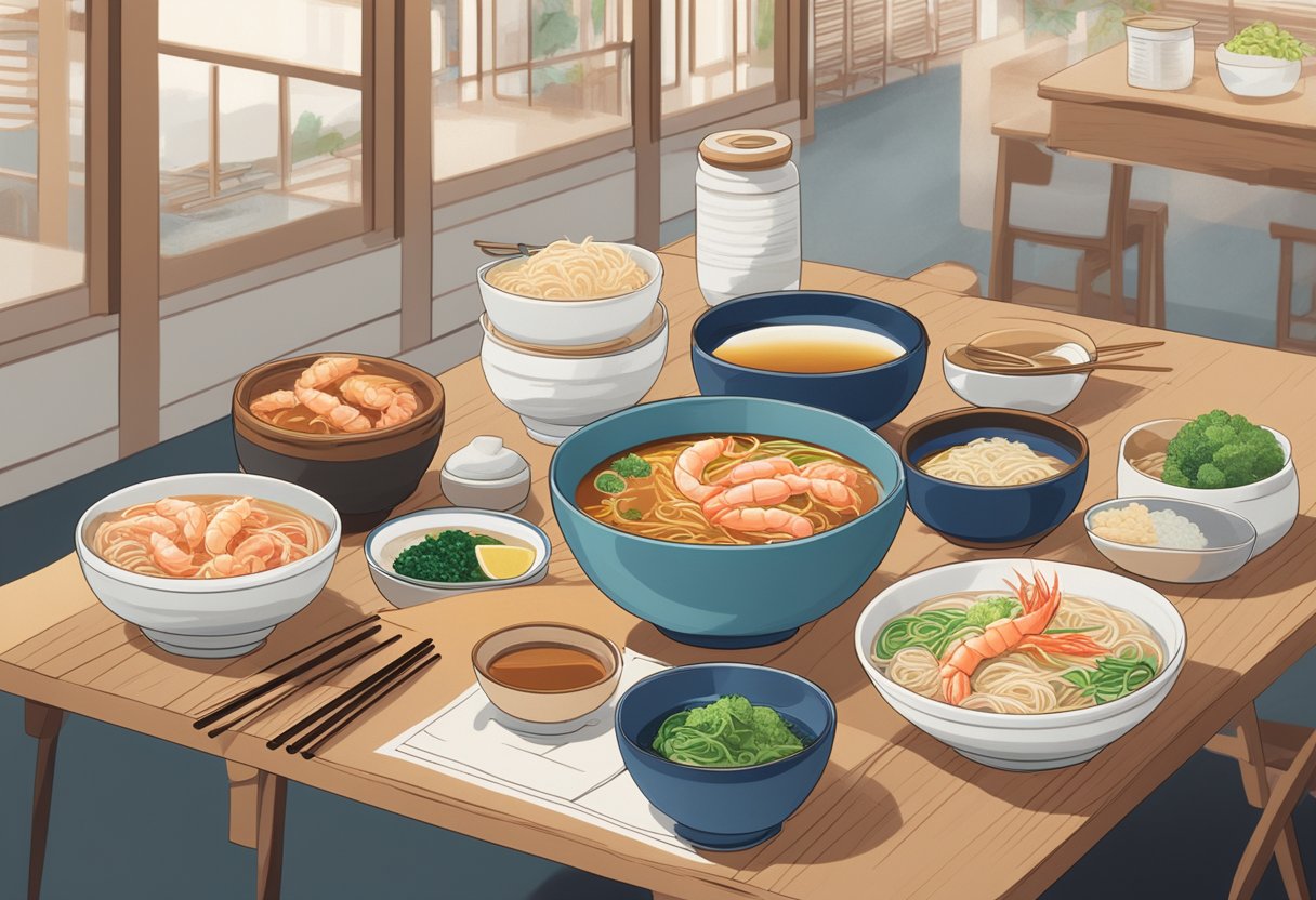 A steaming bowl of prawn noodle soup sits on a table with condiments and chopsticks nearby. A sign reading "Frequently Asked Questions" hangs in the background