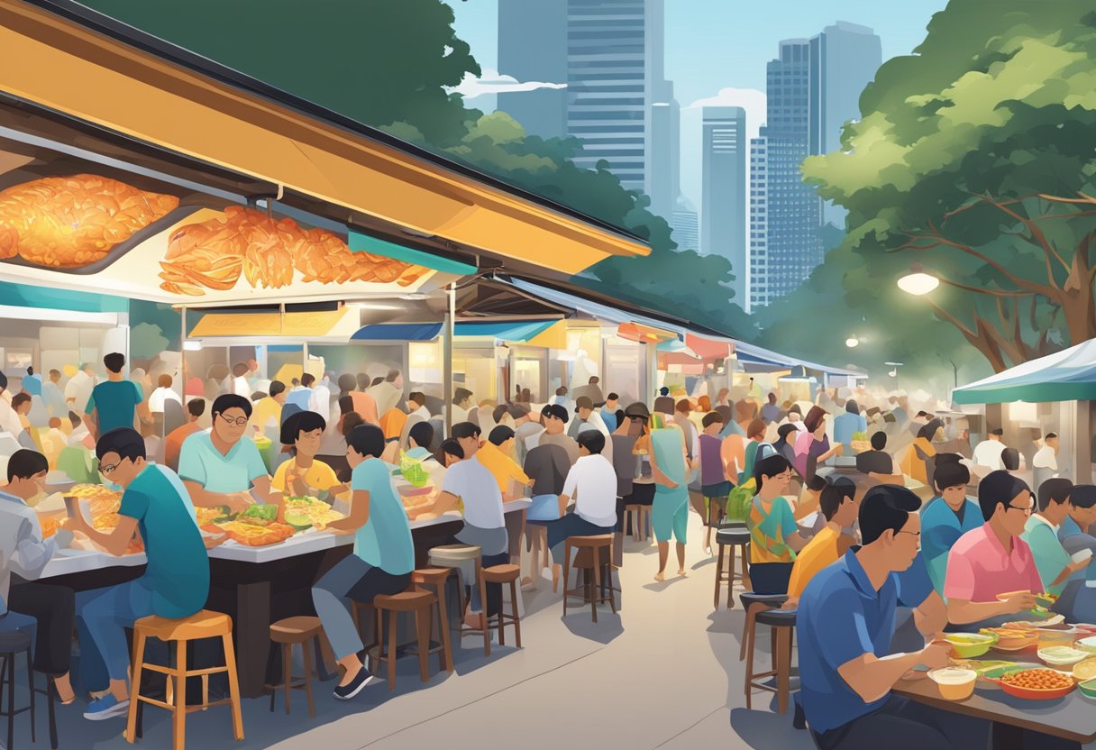 A bustling hawker center in Singapore, with colorful stalls serving up crispy fish and chips alongside fragrant spices and bustling crowds