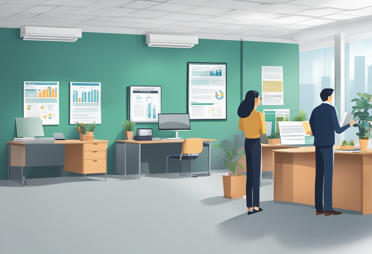 An office setting with a large poster of the Employment Standards and Compliance employment act Singapore displayed prominently on the wall