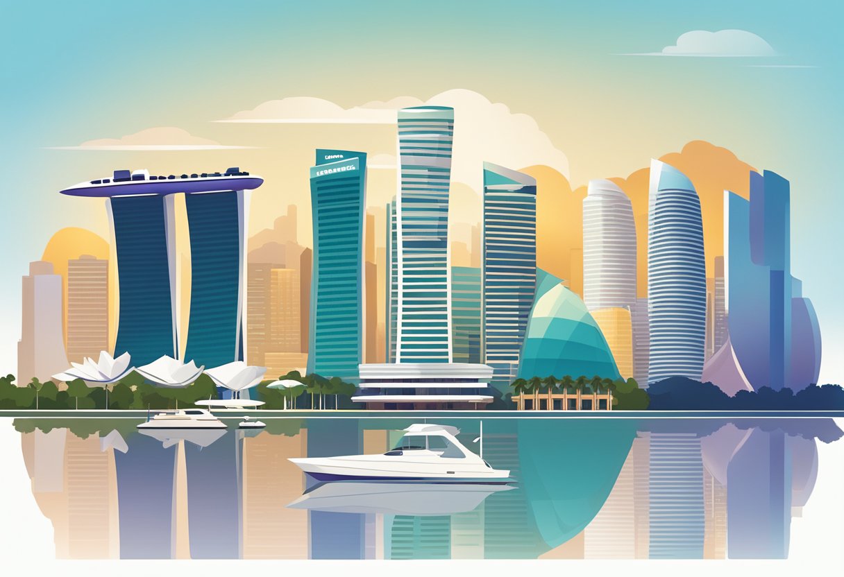 The iconic skyline of Singapore's Marina Bay with its modern skyscrapers and the distinctive silhouette of the Marina Bay Sands hotel and casino