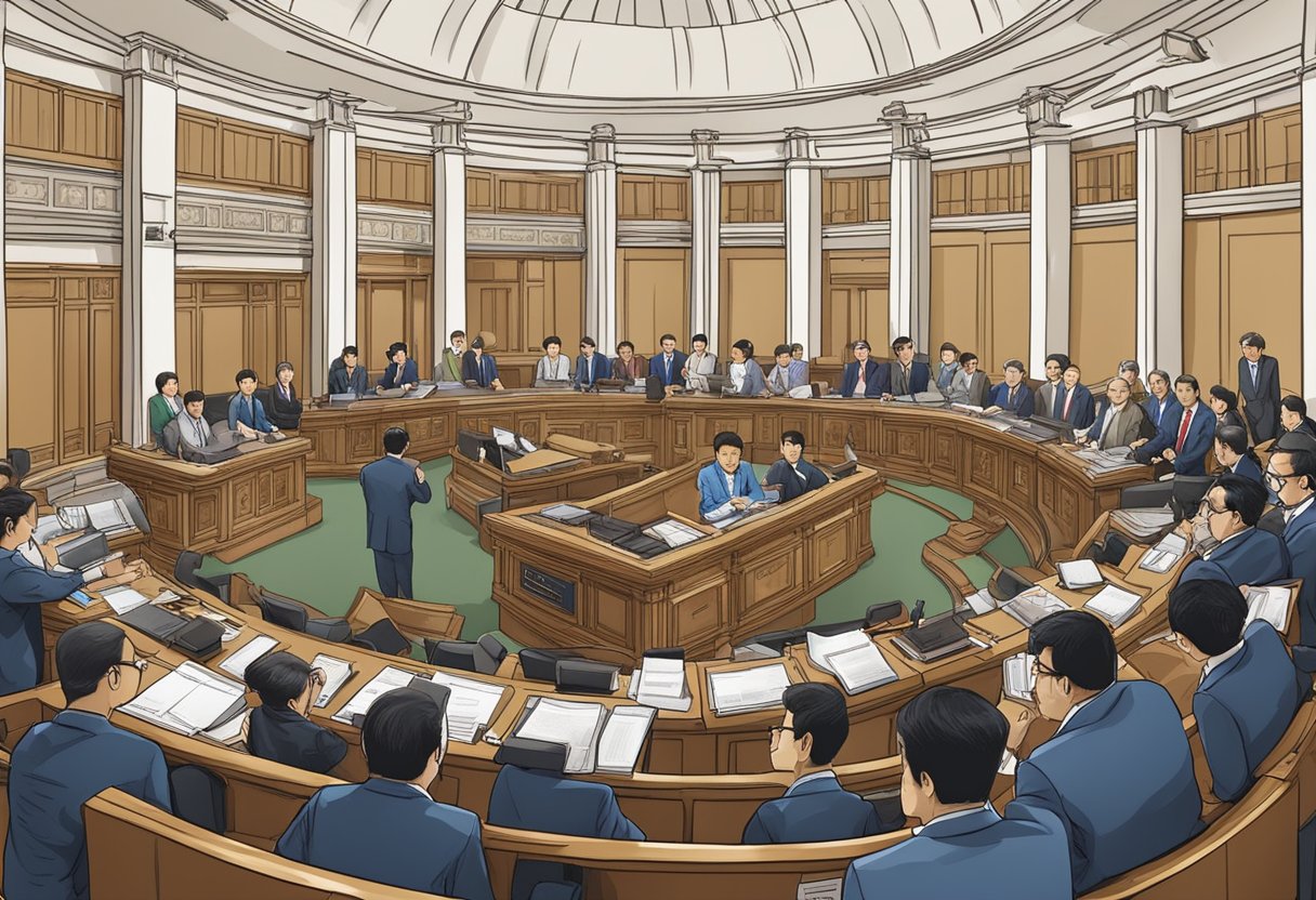 A bustling Singaporean parliament session, with lawmakers debating and voting on new legislation