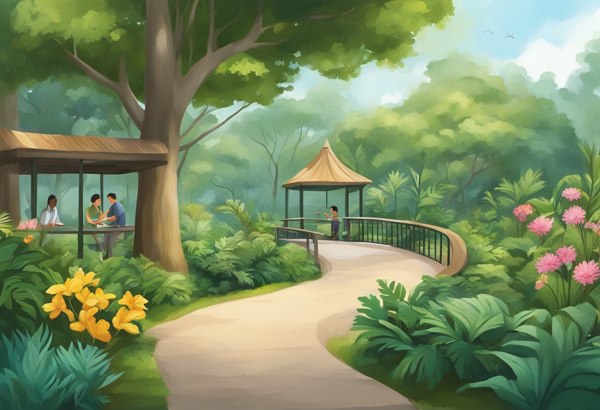 Lush greenery, diverse flora and fauna, interactive exhibits, and educational signage in a serene and well-maintained nature park in Singapore