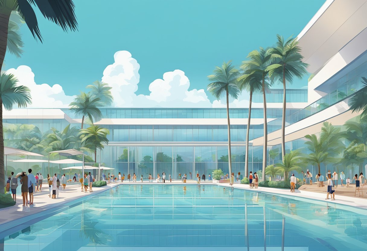 Visitors gather at a modern public pool in Singapore, surrounded by palm trees and sleek architecture. The clear blue water reflects the sunny sky above, creating a serene and inviting atmosphere
