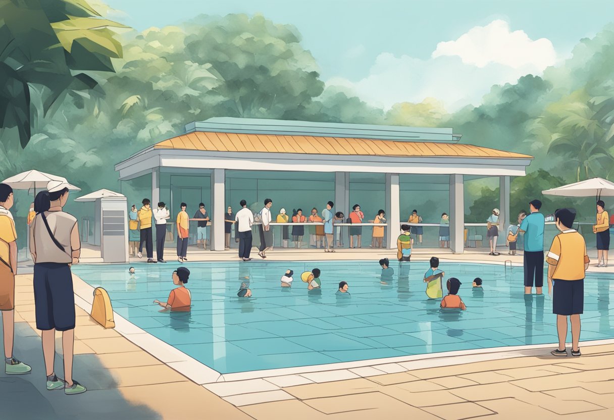 People lining up at a public pool in Singapore, with a sign displaying "Frequently Asked Questions" and a staff member assisting visitors