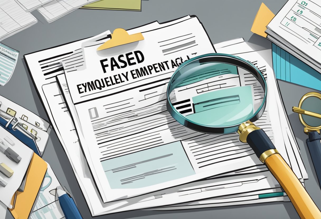 The scene depicts a stack of papers labeled "Frequently Asked Questions Employment Act Singapore" with a magnifying glass placed on top for emphasis