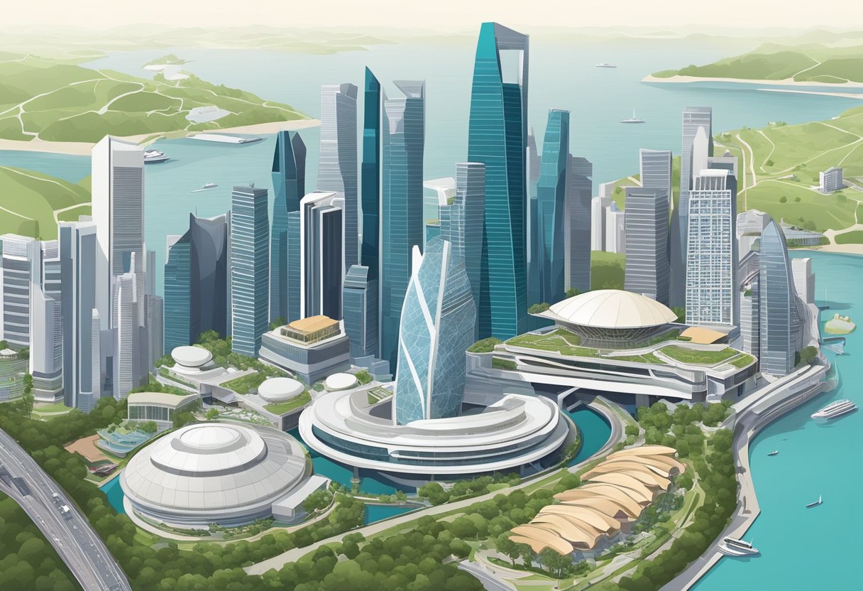 Aerial view of Singapore's skyline with iconic landmarks and modern architecture