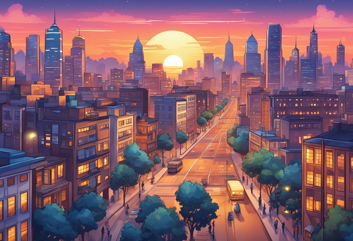 A bustling city skyline with iconic buildings and communication towers against a vibrant sunset backdrop