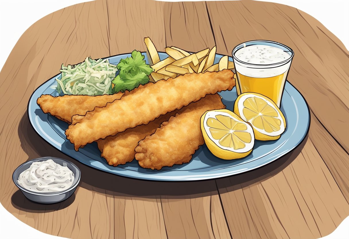 A plate of fish and chips with a side of coleslaw and tartar sauce, accompanied by a cold beer and a slice of lemon