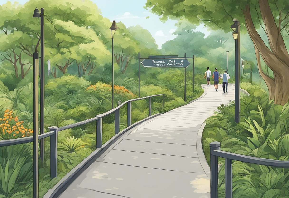 Lush greenery surrounds a signpost with "Frequently Asked Questions" at a nature park in Singapore. Visitors stroll along the winding paths
