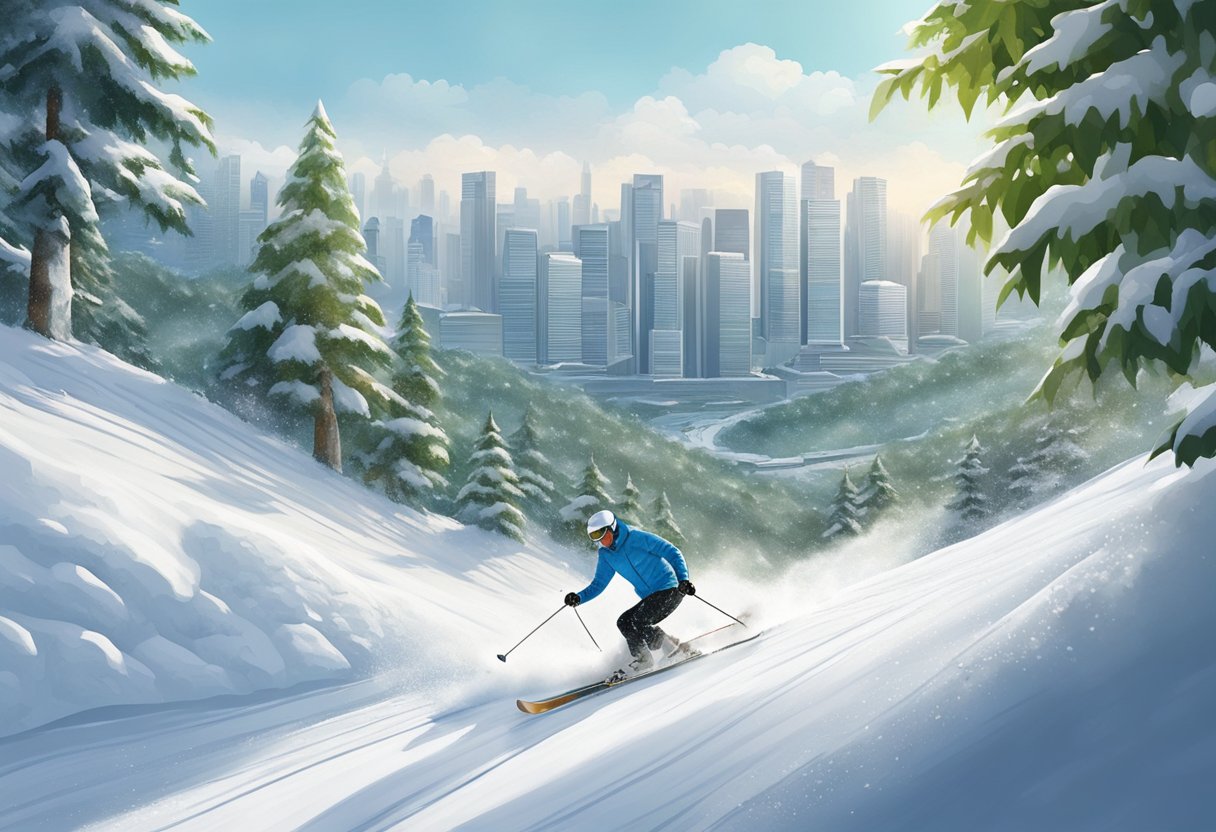 A skier carves through fresh powder on a snowy slope in Singapore, surrounded by lush greenery and city skyline in the distance