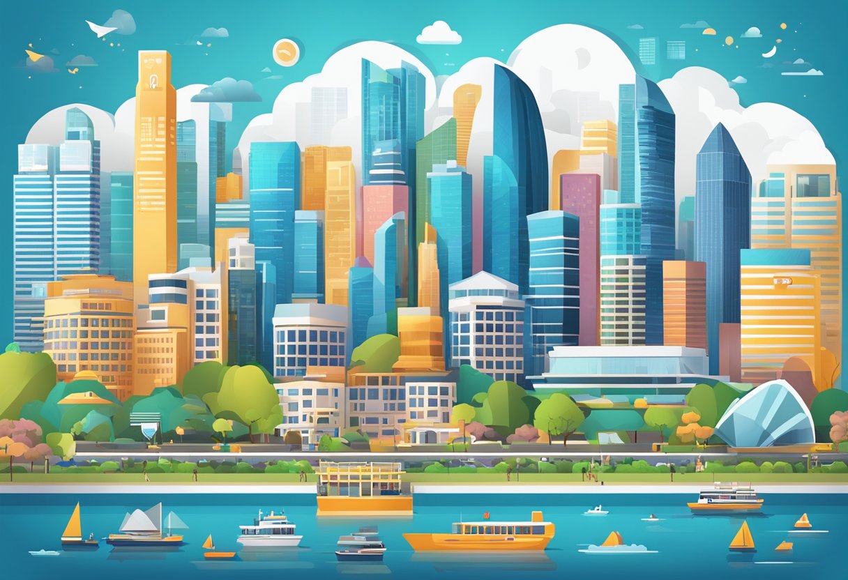 A vibrant cityscape with Q10 Singapore prominently displayed, surrounded by icons representing its various benefits and features