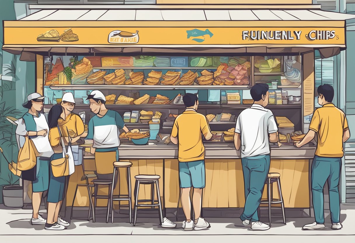 A busy street food stall in Singapore, with a colorful sign reading "Frequently Asked Questions fish and chips." Customers line up eagerly for their orders