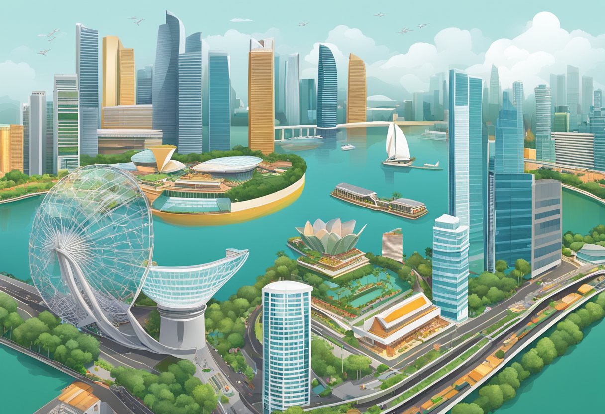 A bustling cityscape of Singapore, with towering skyscrapers, vibrant street markets, and iconic landmarks like the Marina Bay Sands and the Gardens by the Bay