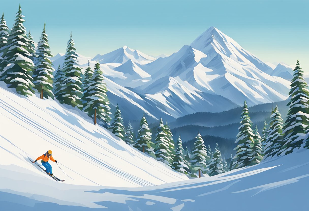 A snowy mountain peak with skiers weaving down the slopes, surrounded by evergreen trees and a clear blue sky