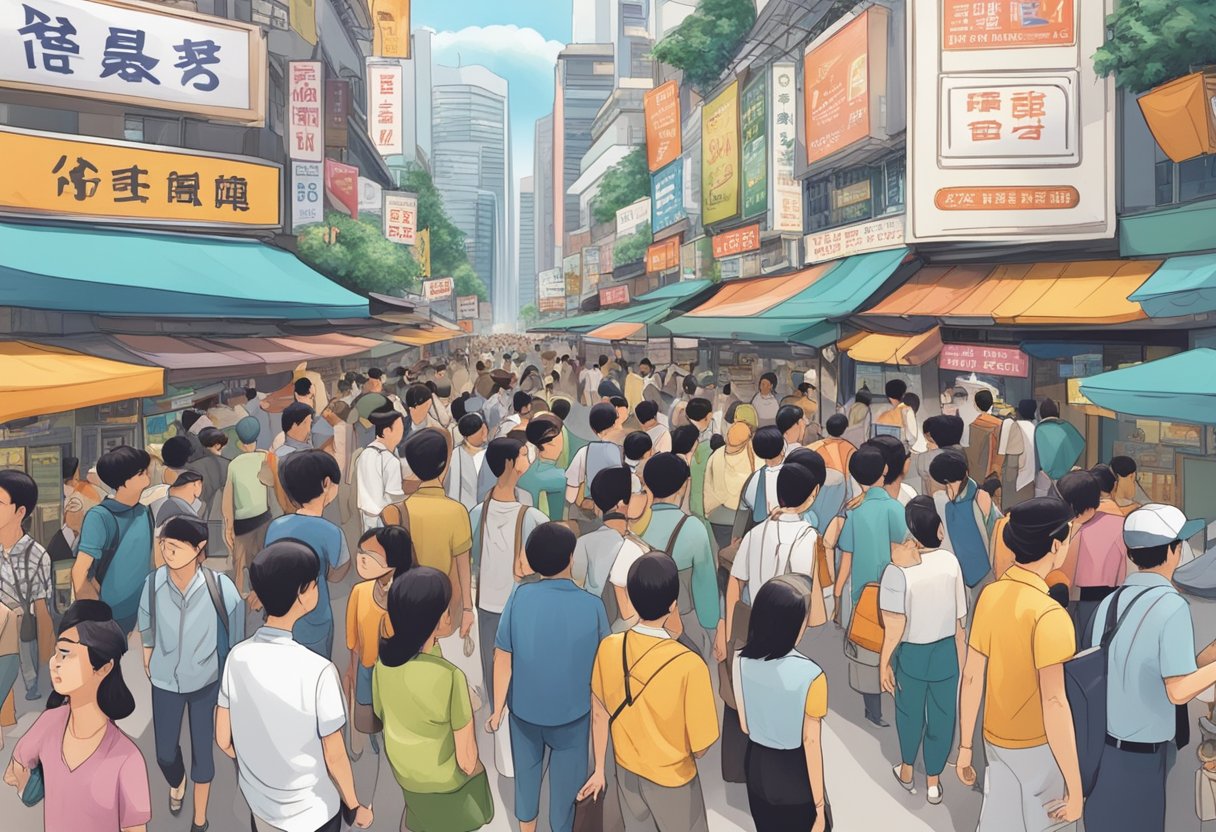 A crowded street in Singapore with signs advertising scams, people being lured into shady deals, and a sense of deceit in the air