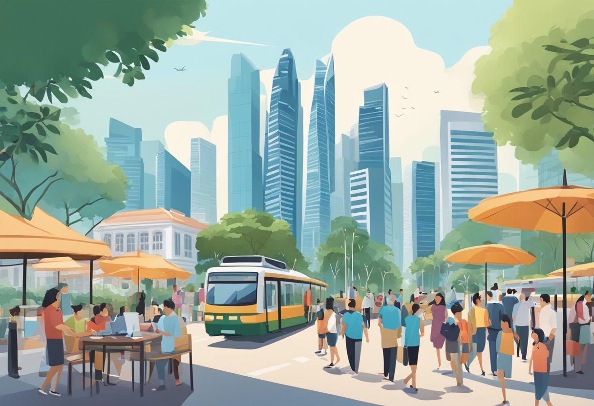 A bustling cityscape with iconic Singapore landmarks in the background, while a group of diverse people engage in conversation