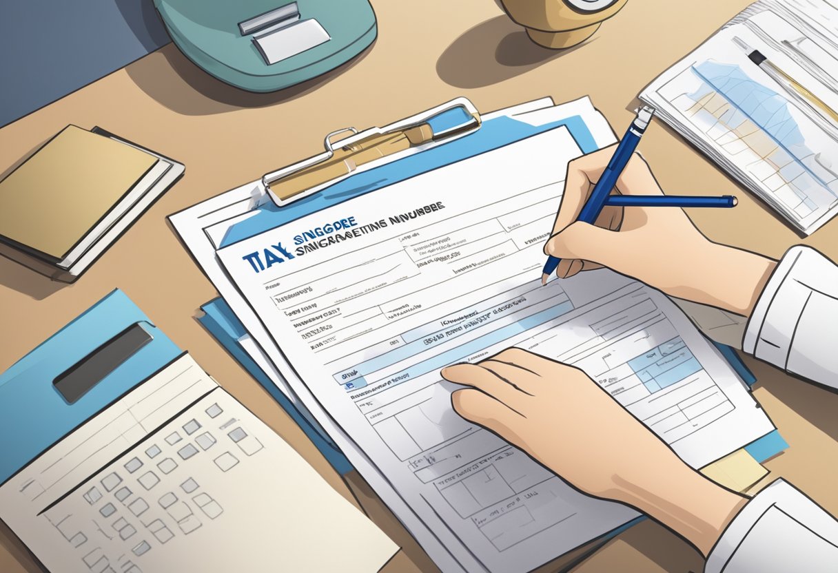 A person filling out a form with a pen, with a document stating "Tax Identification Number Singapore" on the table
