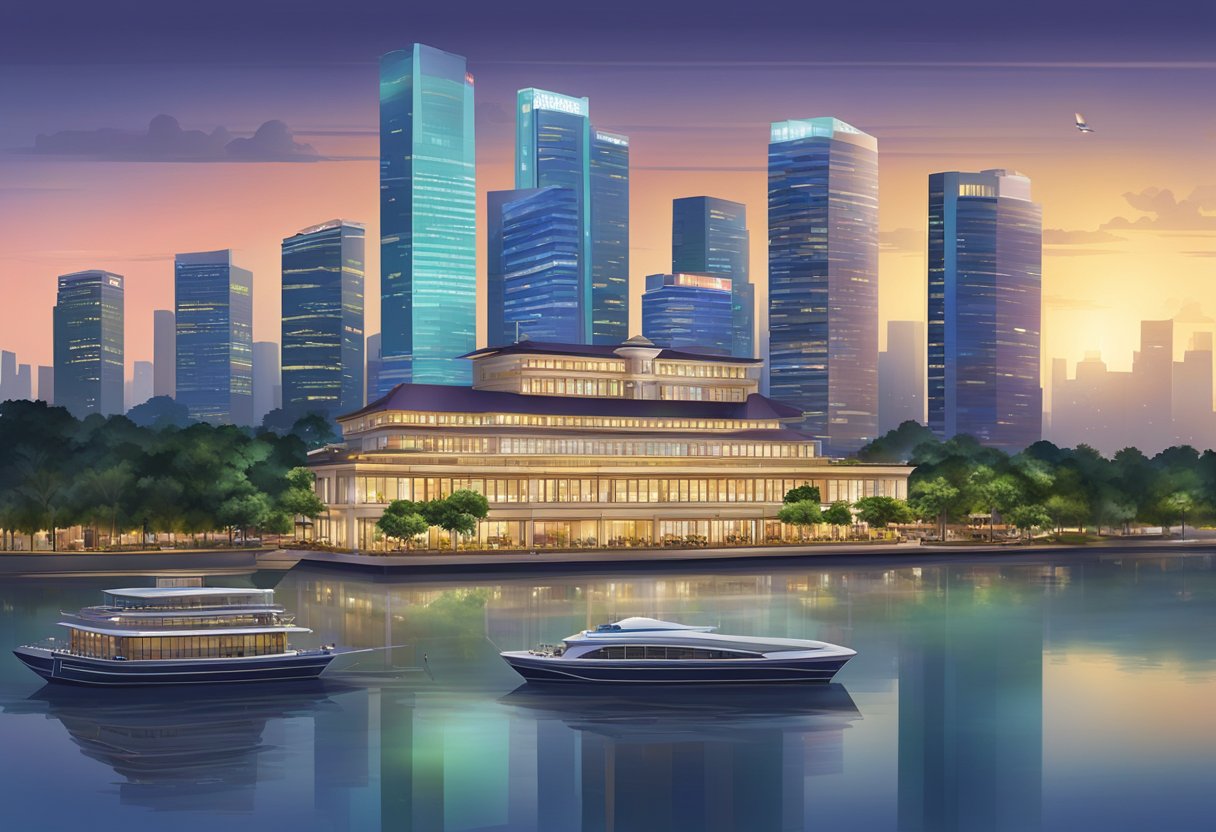The Riverview Hotel in Singapore overlooks the bustling city skyline, with its modern architecture and vibrant lights reflecting off the nearby river