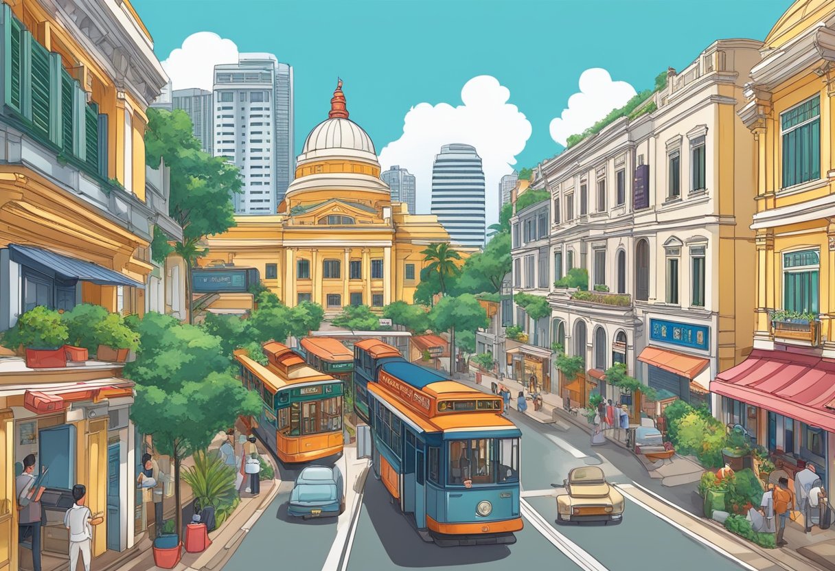 The scene depicts the iconic landmarks of Singapore, showcasing its rich history and heritage, including the colonial-era buildings, traditional shophouses, and modern skyscrapers