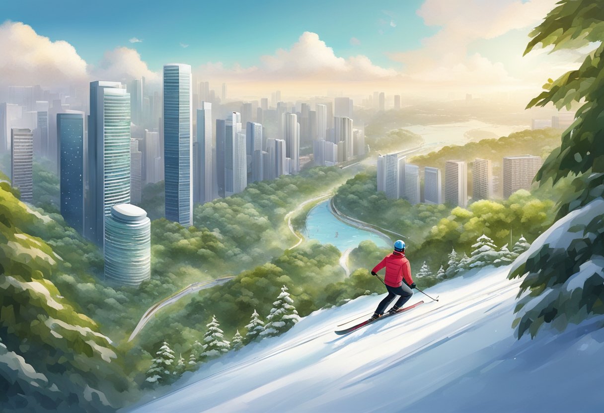 A skier glides down a snowy slope in Singapore, surrounded by lush greenery and modern city buildings