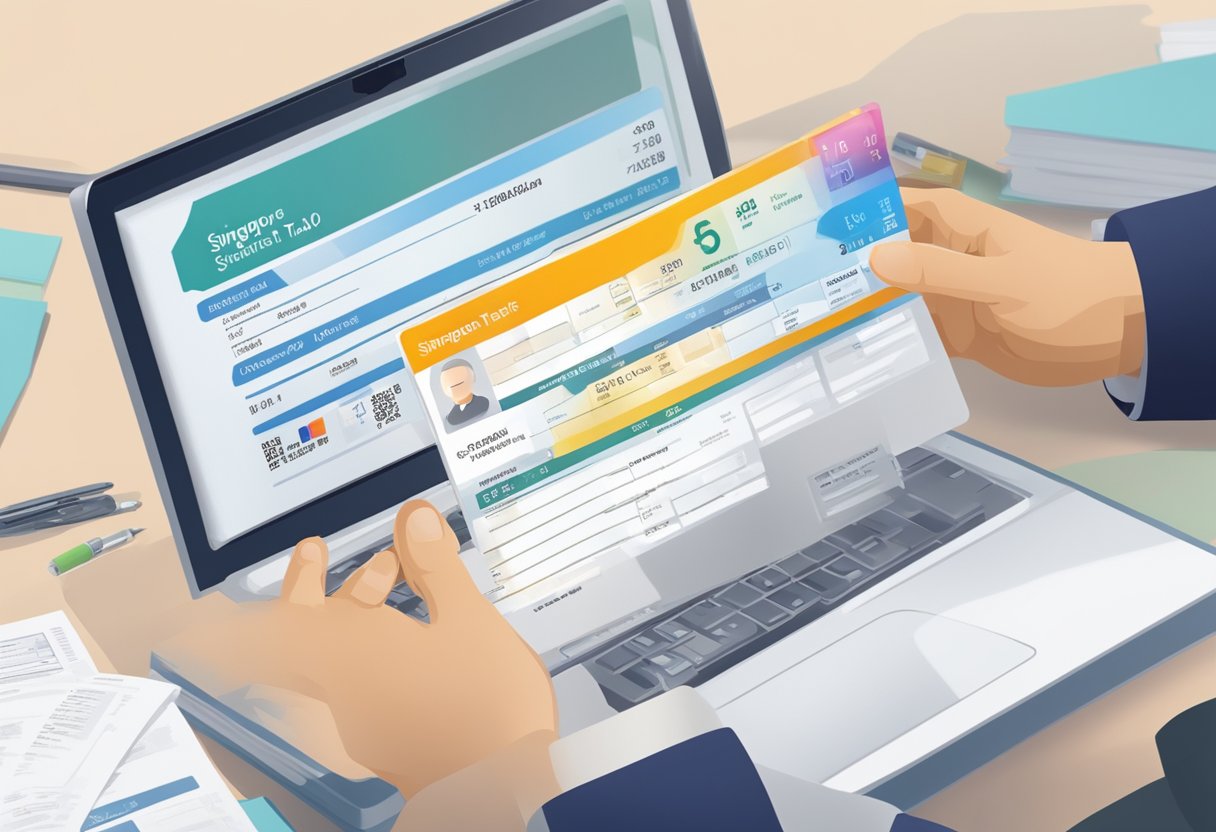 A person holding a Singapore tax identification card with a unique number. A computer displaying the official Singapore tax website