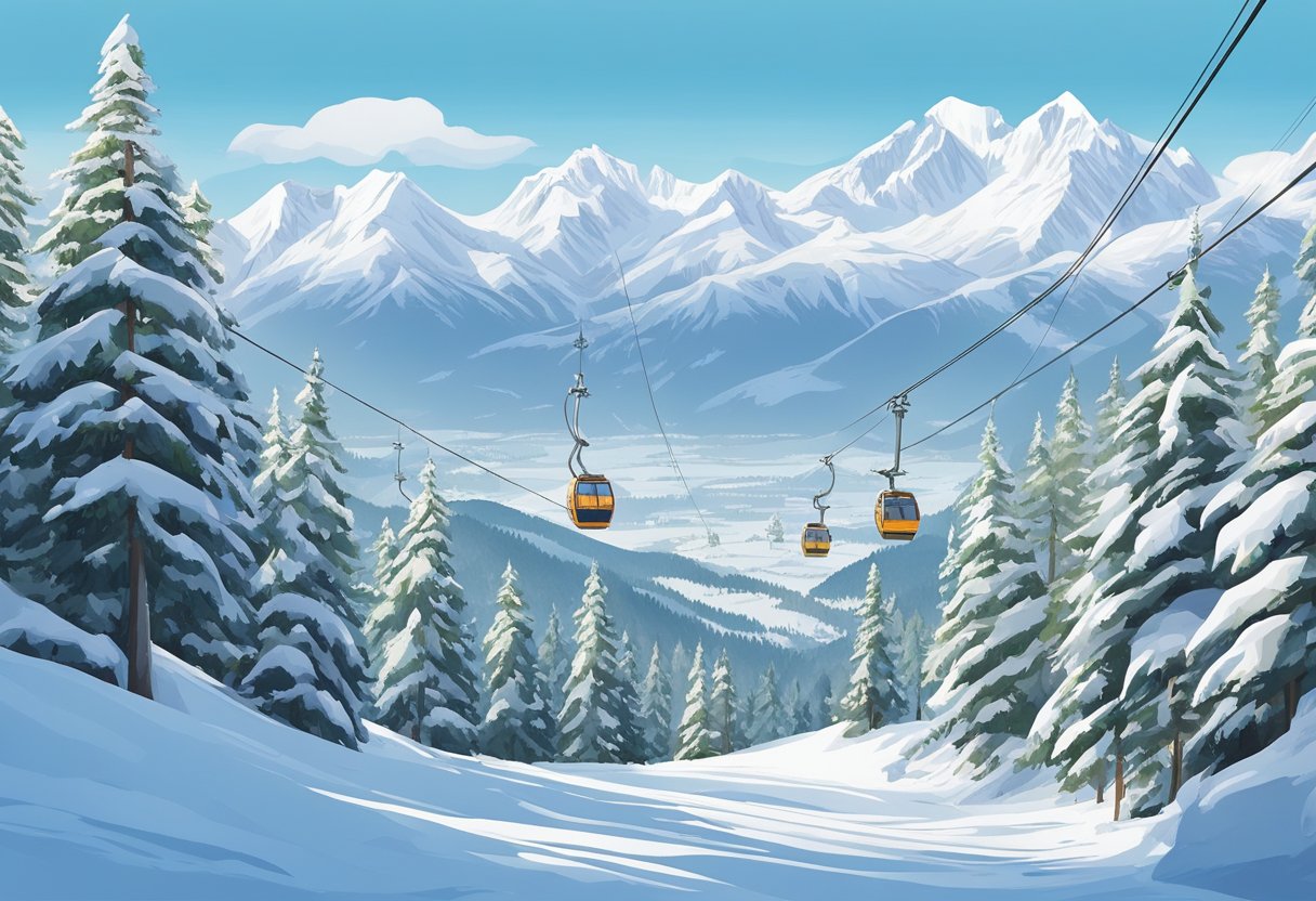A snowy mountain range with a cable car and skiers in the distance, surrounded by evergreen trees and a clear blue sky