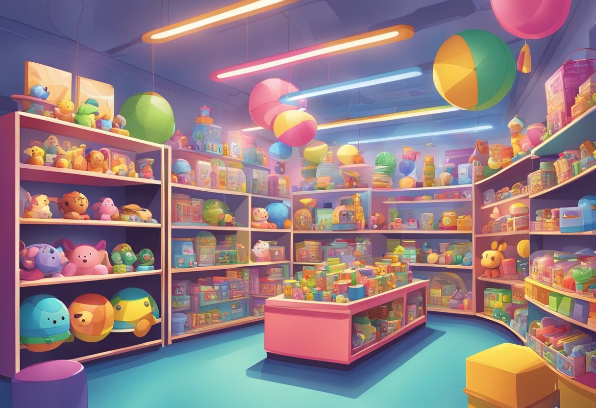 A colorful toy shop in Singapore displays shelves filled with various toys and games. Bright lights illuminate the space, and a playful atmosphere fills the air