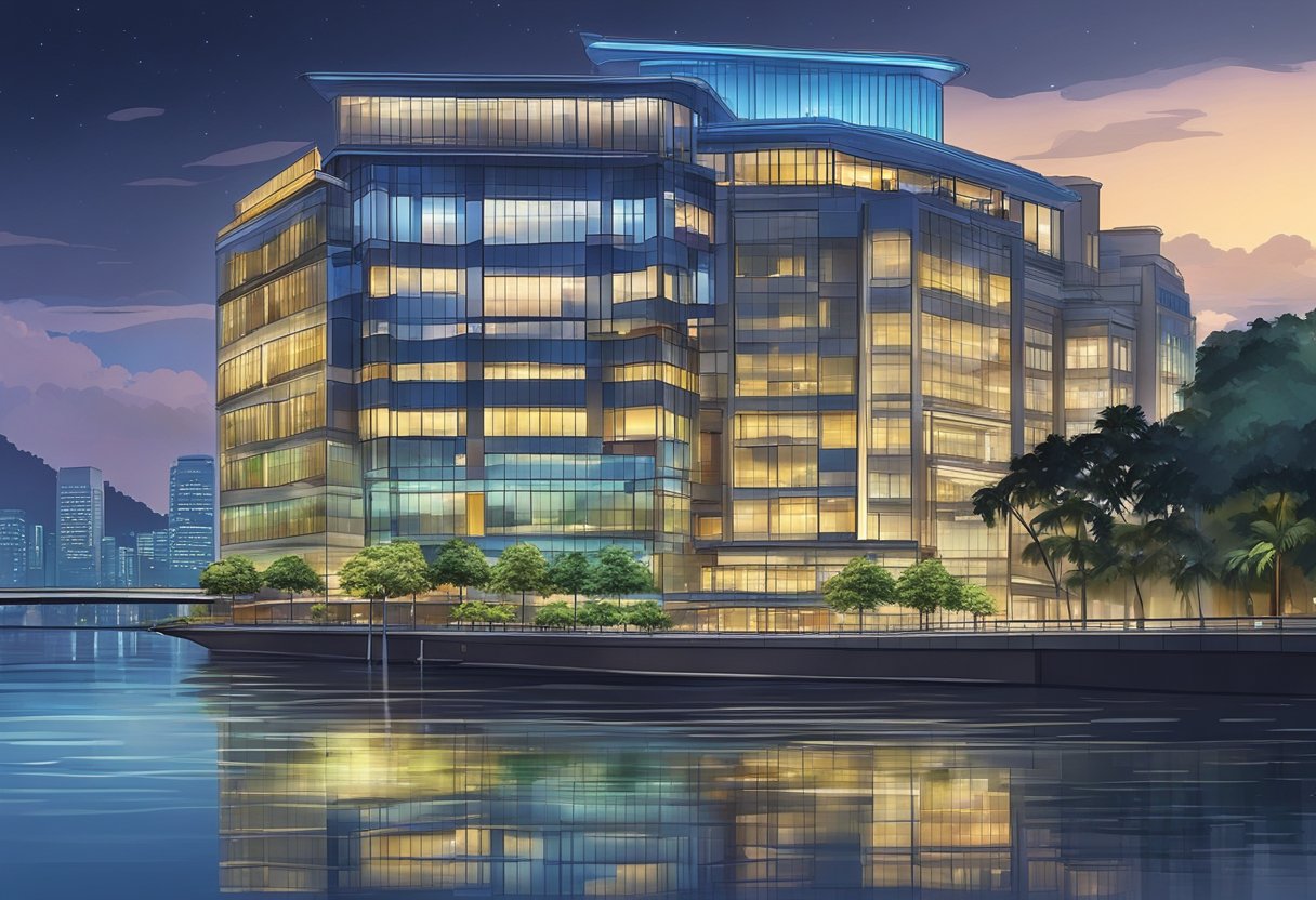 A river flows past the modern, glass-fronted Riverview Hotel in Singapore, reflecting the city lights at night