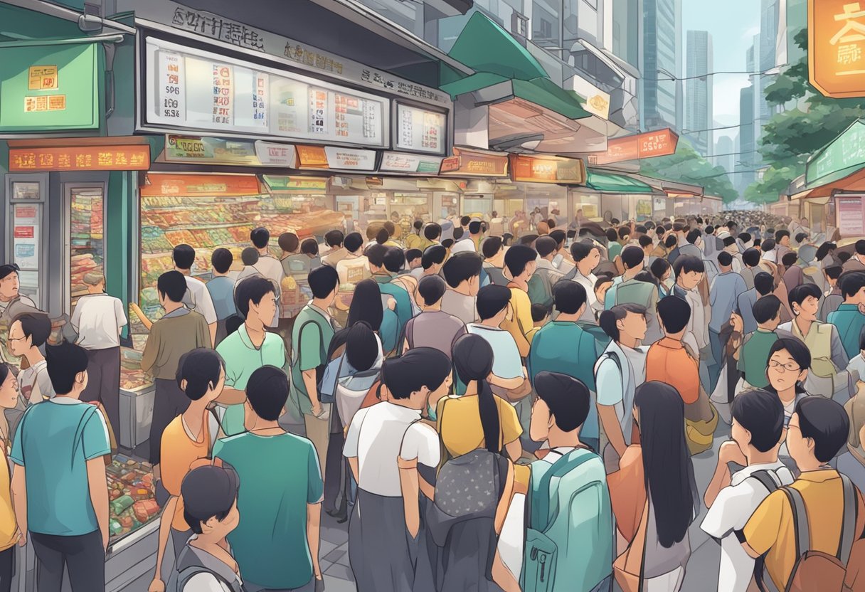 A crowded Singapore street with various scam tactics on display, including fake lottery booths and persuasive con artists targeting unsuspecting victims