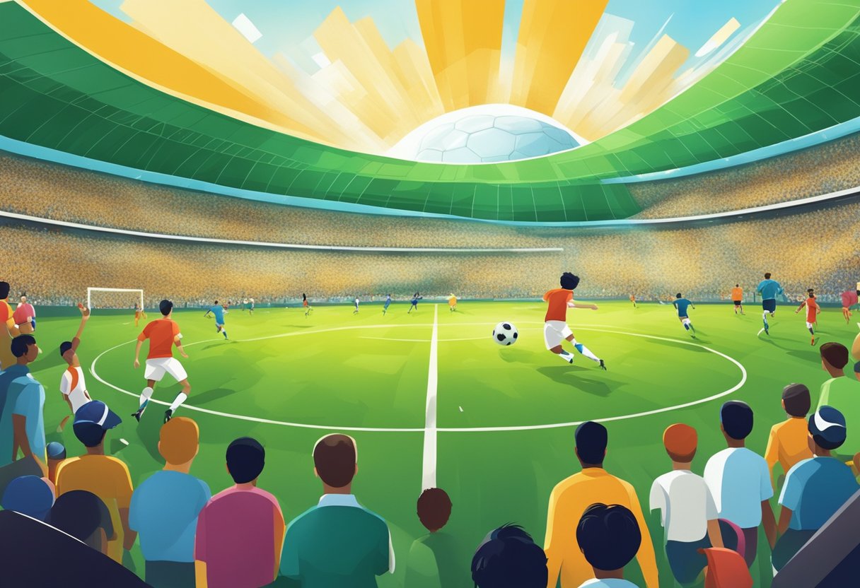A soccer ball flies through the air as players sprint across a green field, surrounded by spectators cheering from the sidelines