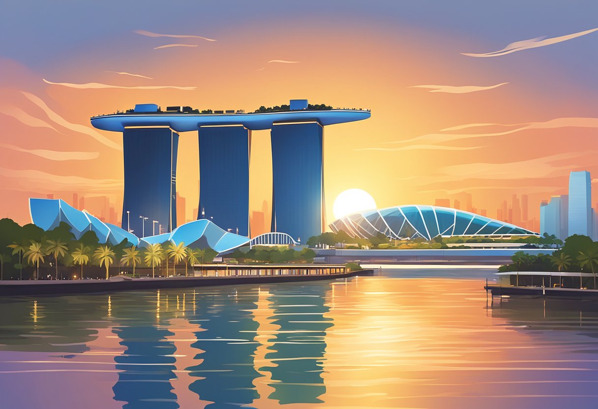 The sun sets behind the iconic Marina Bay Sands, casting a warm glow over the serene river and bustling cityscape of Singapore