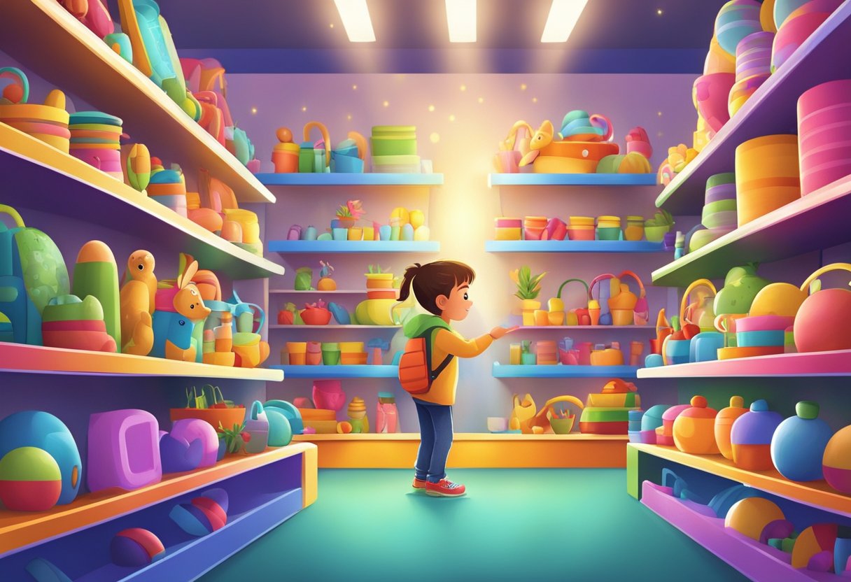 Children browsing colorful shelves, toys stacked high. A shopkeeper arranging displays, vibrant lights illuminating the joyful atmosphere