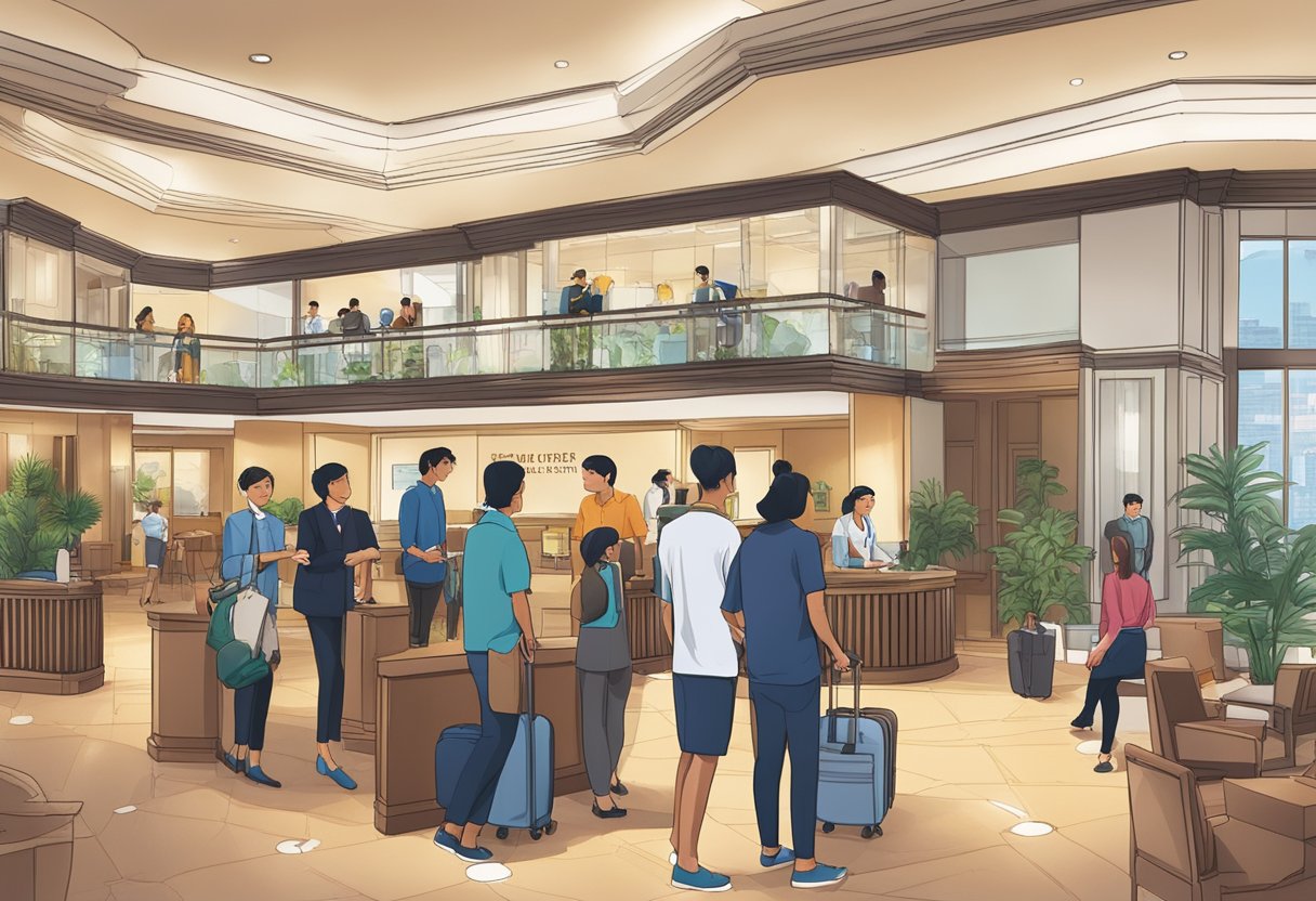 The bustling lobby of Riverview Hotel, Singapore, with guests checking in, staff assisting, and a prominent "Frequently Asked Questions" sign