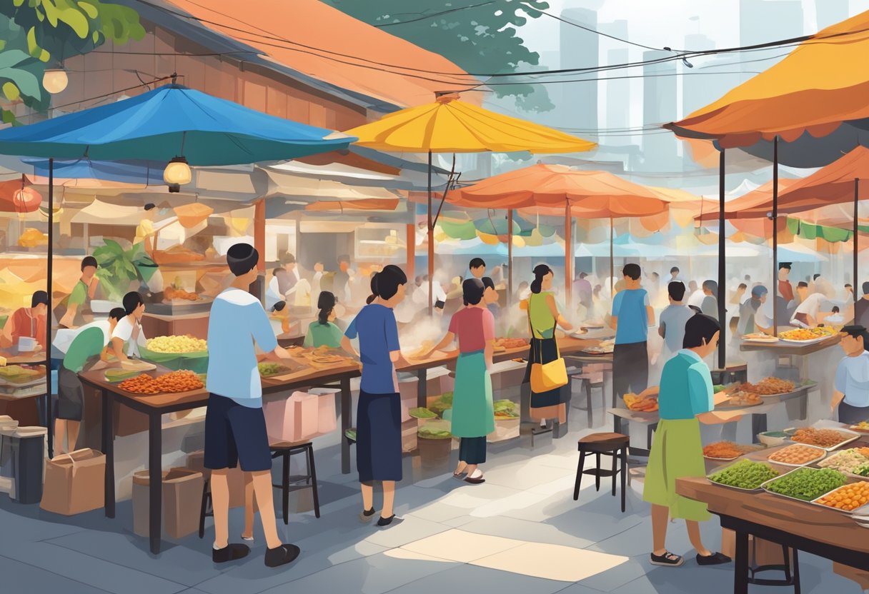 A bustling hawker center in Sabar, Singapore, with colorful food stalls, steaming woks, and a lively atmosphere
